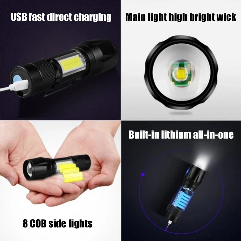 Mini UV LED Flashlight USB Rechargeable Waterproof 800LM Torch