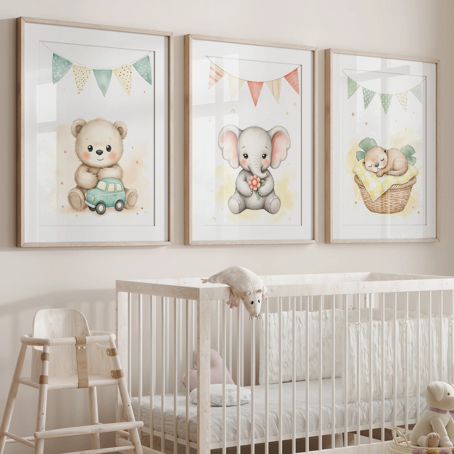Watercolor Elephant Bear Canvas Wall Art | Kids Room Decor