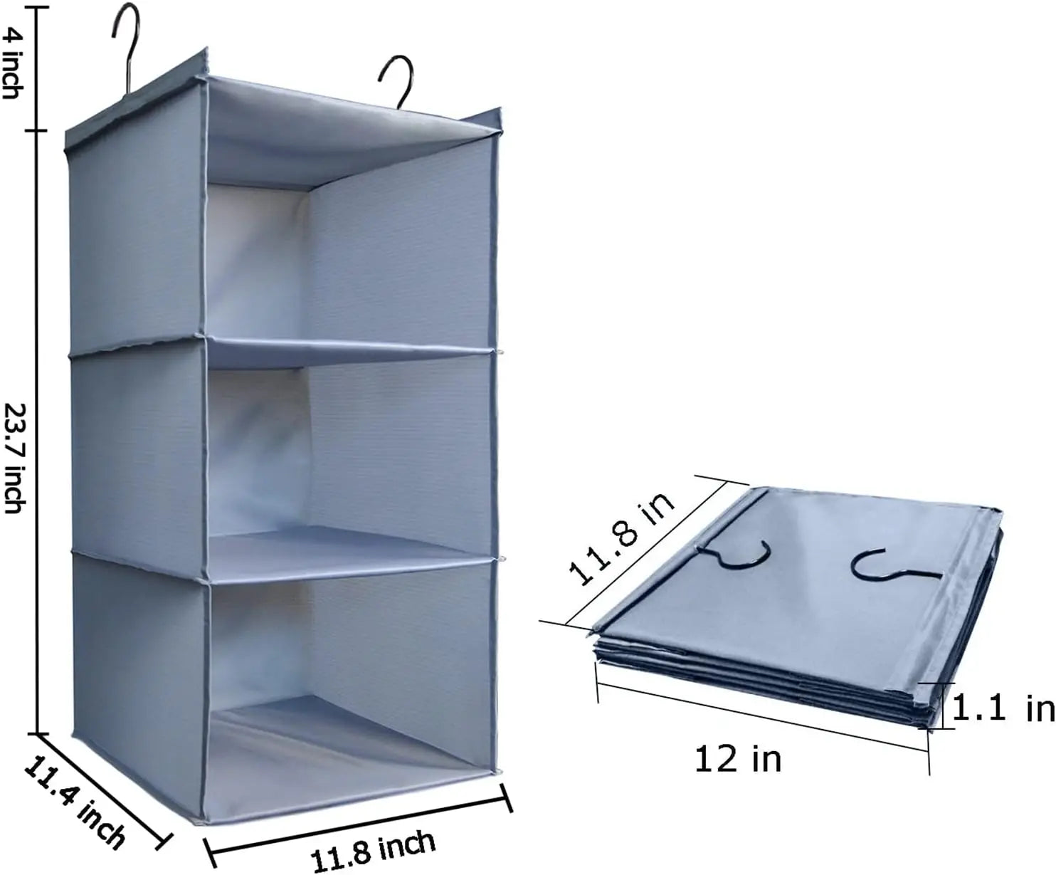 Gray fabric storage cube with dimensions and hook placement shown