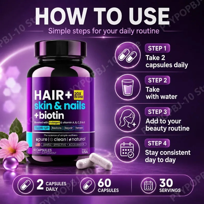Hair Skin Nails Formula | Biotin 10000mcg, Collagen & Hyaluronic Acid