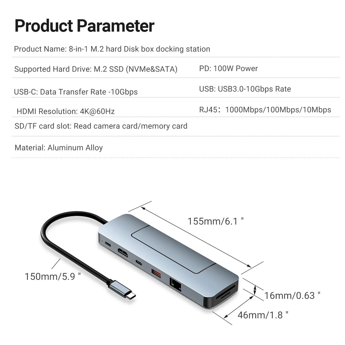 8-in-1 USB-C Hub & M.2 SSD Enclosure | 4K, PD 100W, RJ45