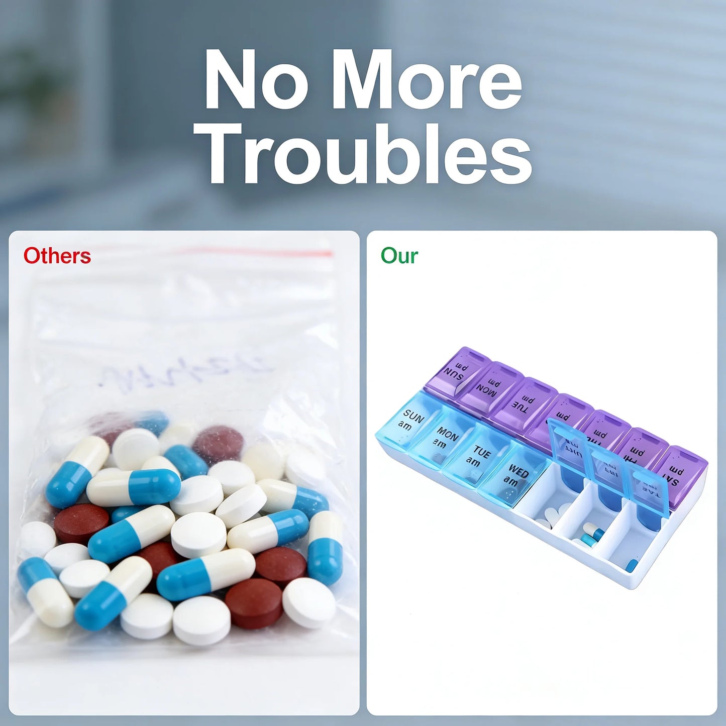 Comparison of loose pills with a pill organizer on a blurred background.