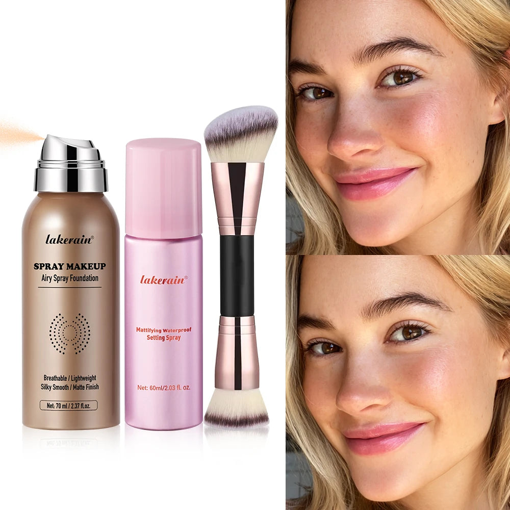3Pcs Magic Airbrush Foundation Spray Makeup Set With Setting Spray & Makeup Brush Waterproof Matte Flawless Silky Mist Long Last Peaceful Pleasures Health and Wellness set2