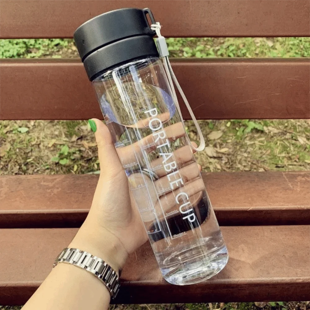 New Transparent Water Cup 800ML Large Capacity Sports Water Bottle with Lanyard Frosted Plastic Cup Kids Peaceful Pleasures Health and Wellness Black-800ml