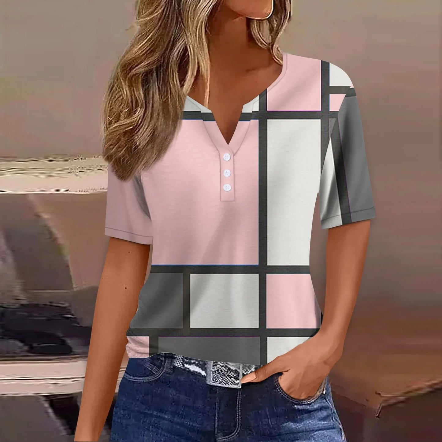 2024 Summer Patchwork T-Shirts Button Tops Womens Casual Short Sleeve Loose Ladies V-Neck Female Street Clothes Pullover Peaceful Pleasures Health and Wellness Pink S