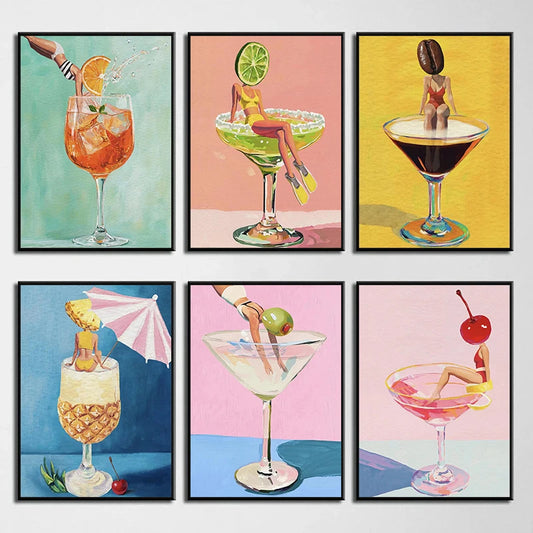 Coffee Martini Cocktail Margarita Drink Girl Jumping Into Wine Glass Fun Poster Canvas Printing Wall Art Bar Club Kitchen Decor Peaceful Pleasures Health and Wellness