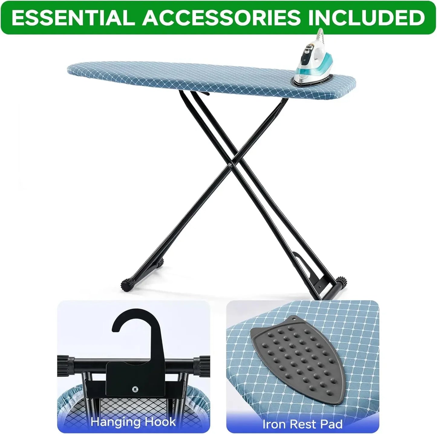 Compact Foldable Ironing Board 13x43 Inch, Heat Resistant Cover, Adjustable Height with Storage Hook Peaceful Pleasures Health and Wellness