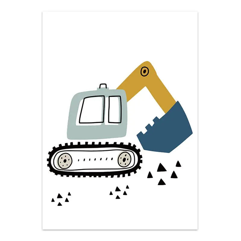 Cartoon Construction Vehicles Canvas Wall Art | Boys Nursery
