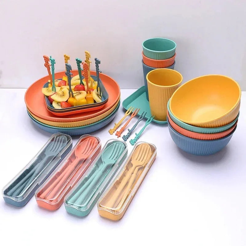 48-Piece Wheat Straw Eco-Friendly Dinnerware Set for 4 – BPA-Free Plates, Bowls, Mugs & Cutlery for Home & Camping