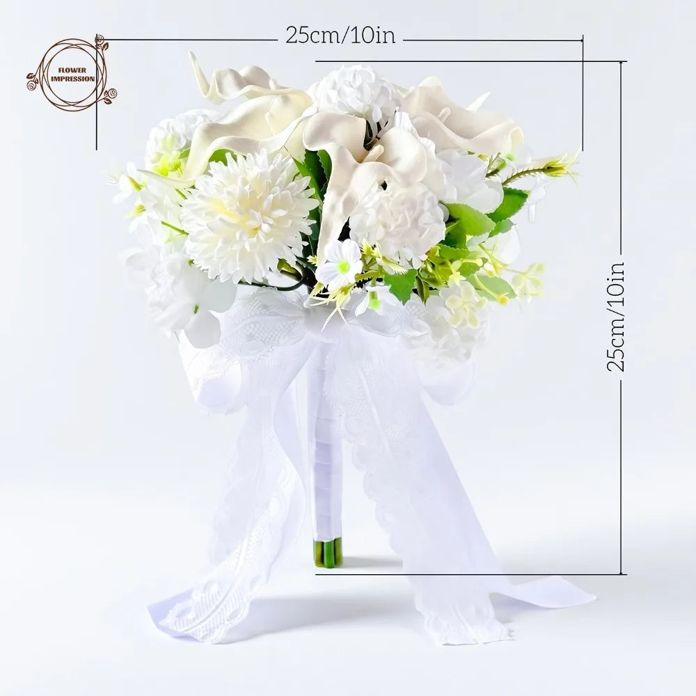 White Calla Lily Hydrangea Bridal Bouquet | Lace Ribbon