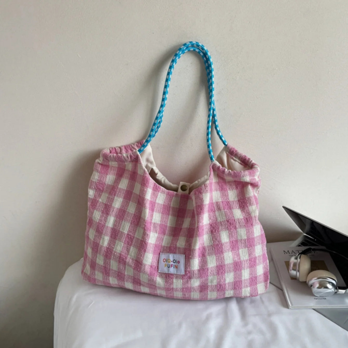 Korean Plaid Canvas Tote Bag – Large Women's Shoulder Handbag