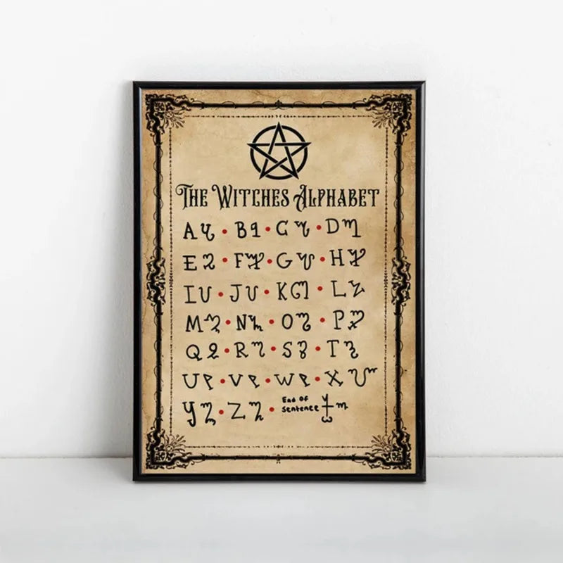 Witches Alphabet Poster, Witch Knowledge Poster, Halloween Canvas Wall Art for Living Room Decor, Home Room Decor Frameless Peaceful Pleasures Health and Wellness