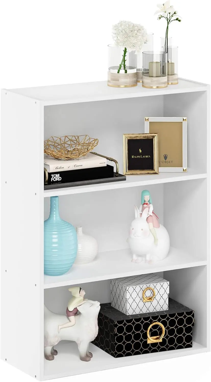 White bookshelf with decorative items including vases, a unicorn figurine, and framed photos.