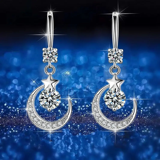 Star & Moon Dangle Earrings | Crystal Drop Pink Blue White Fashion Drop Earrings Oasis Select