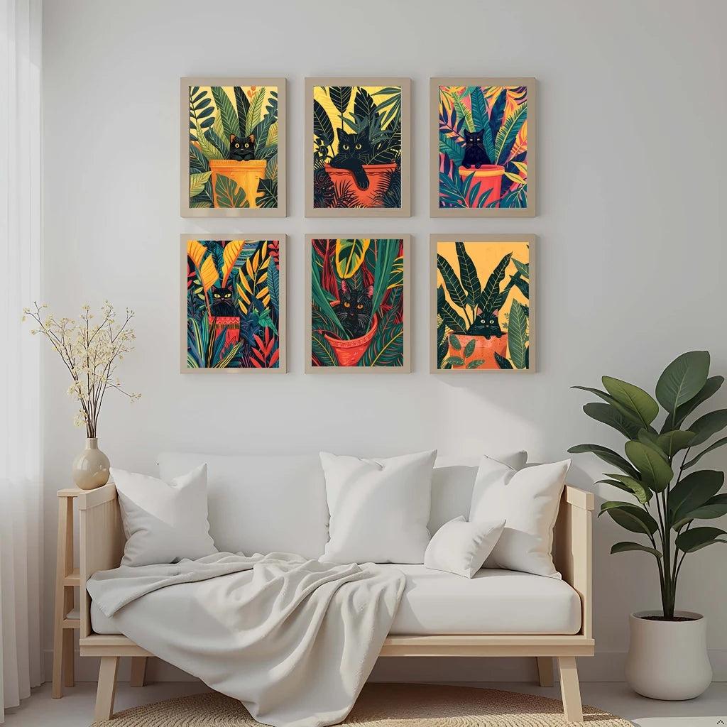 Abstract Wall Art Cute Black Cat in a Plant Pot Vintage Canvas Painting Modern Style Poster Prints Living Room Wall Decor Peaceful Pleasures Health and Wellness