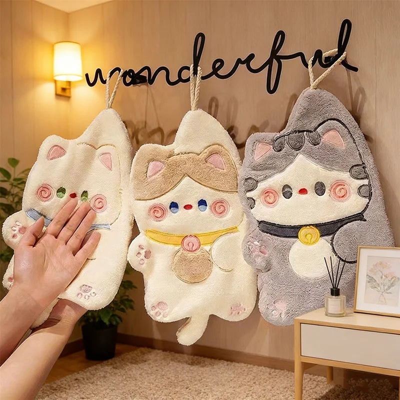 Cute Cat Hand Towel | Absorbent Coral Fleece Hanging Kitchen Rag