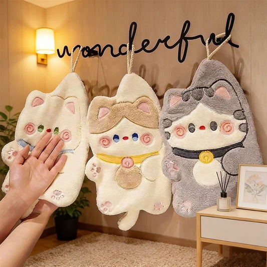 Cute Cat Hand Towel | Absorbent Coral Fleece Hanging Kitchen Rag Decorative Hand Towel Peaceful Pleasures Health and Wellness