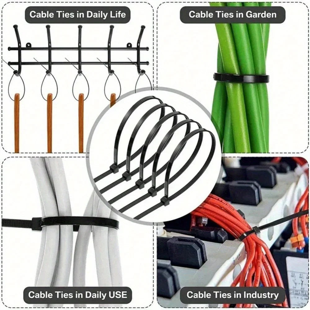 100pcs Nylon Zip Ties Self-Locking | 4, 6, 8, 12 Inch | Black & White