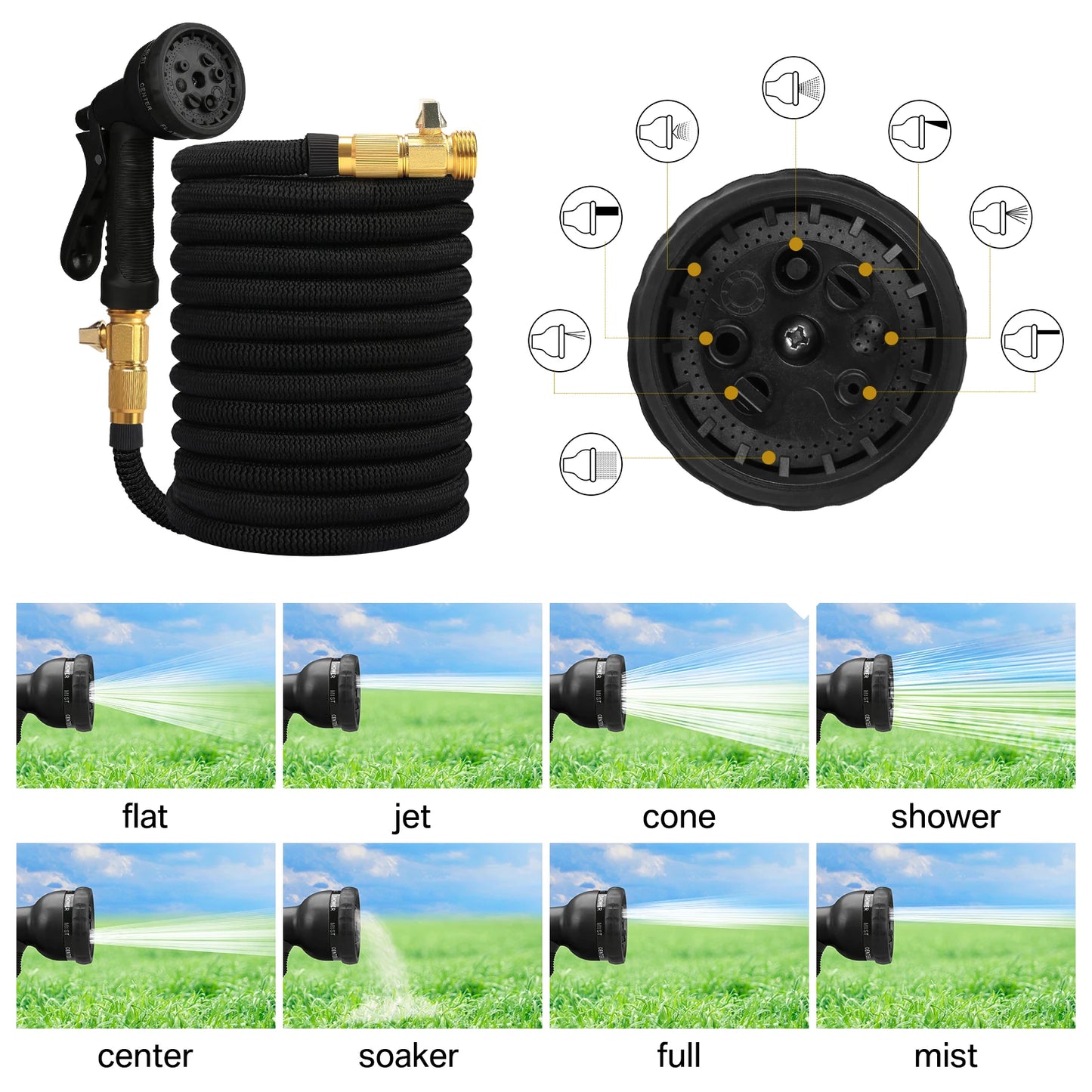 Expandable Garden Hose 25–150ft | No-Kink + 8-Pattern Nozzle