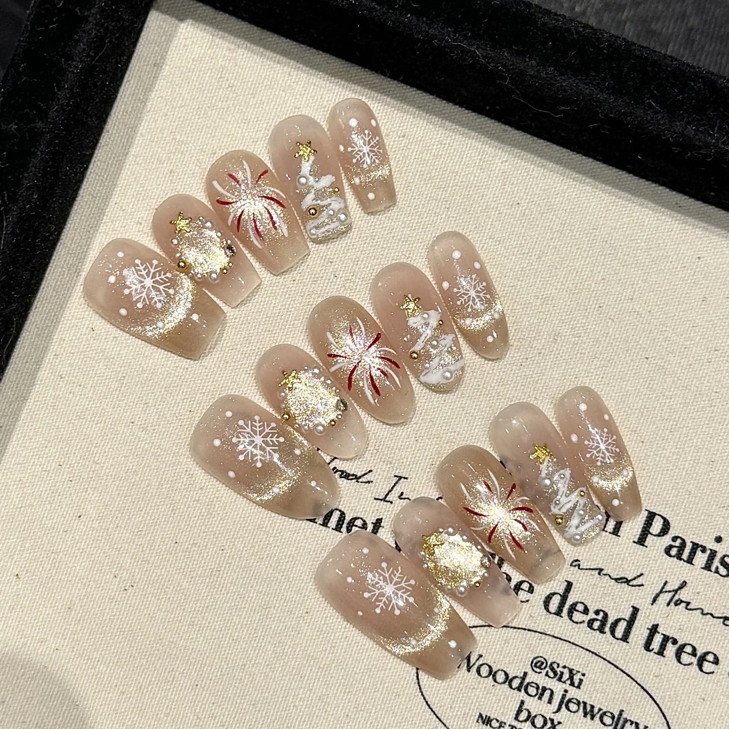 Handmade Christmas Press-On Nails | Snowflake Fireworks Design