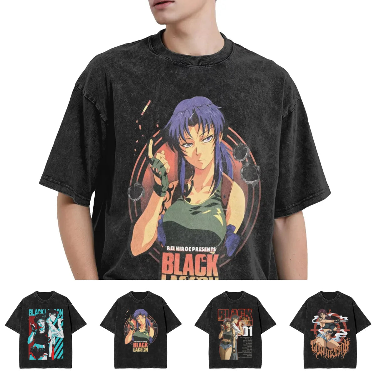 Revy Washed T-Shirt Man B-Black L-Lagoon Awesome Cotton T-Shirts Summer Breathable Novelty Tee Shirt Custom Plus Size Clothes Peaceful Pleasures Health and Wellness