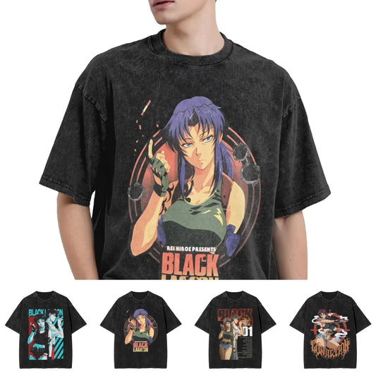 Revy Washed T-Shirt Man B-Black L-Lagoon Awesome Cotton T-Shirts Summer Breathable Novelty Tee Shirt Custom Plus Size Clothes Peaceful Pleasures Health and Wellness