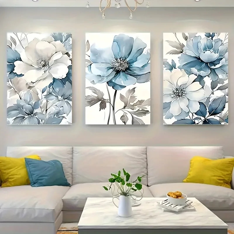 3-Piece Blue White Flower Canvas Wall Art | Modern Floral Set Canvas Wall Art Peaceful Pleasures Health and Wellness