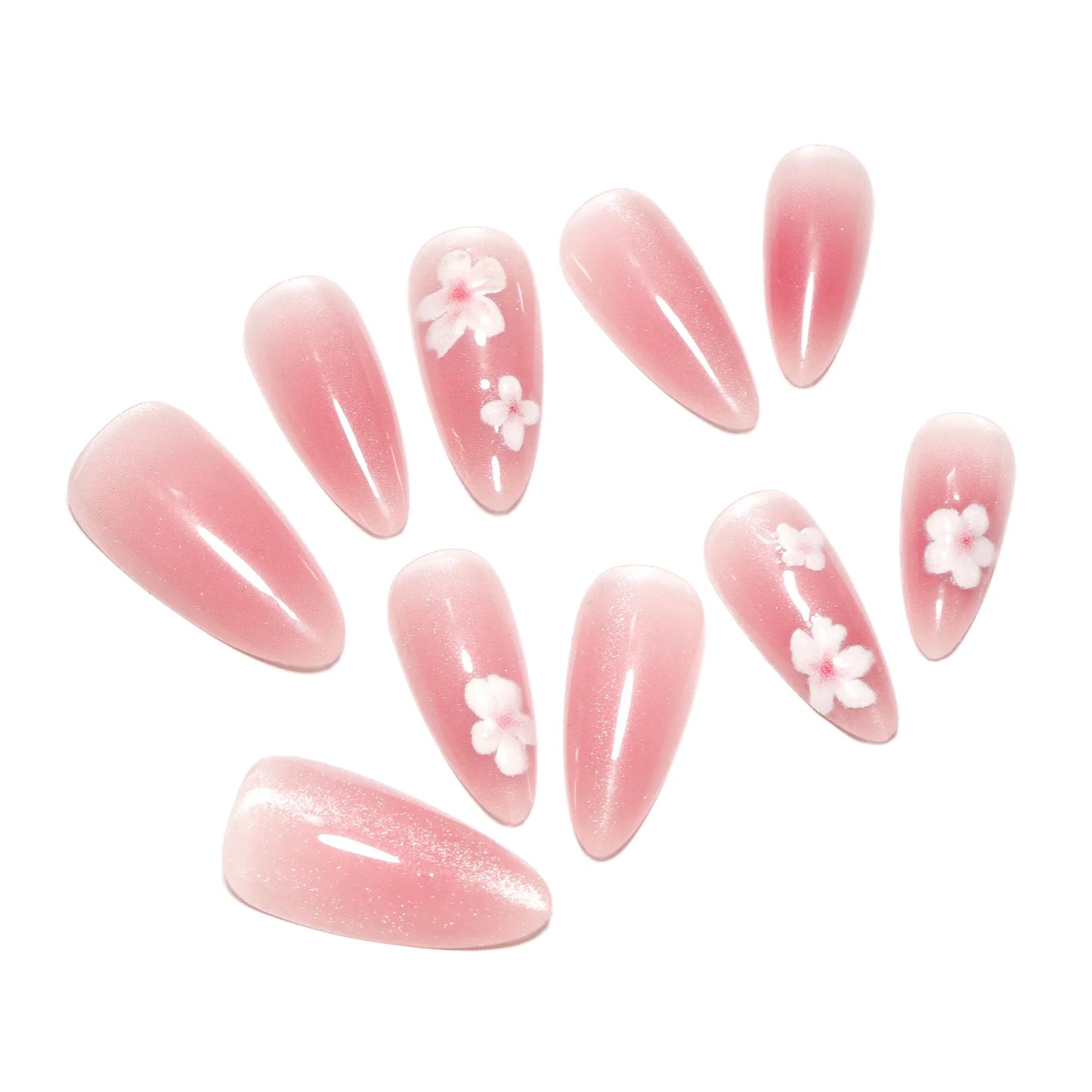 Handmade Press on Nails Sweet Pink Cat Eye False Nails Simple White Flowers Printed Korean Style Almond Shaped Fake Nail Tips Peaceful Pleasures Health and Wellness
