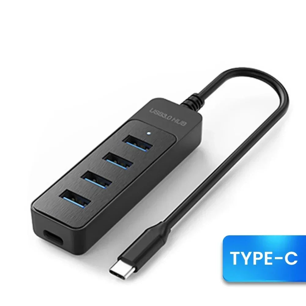 USB 3.0 4-Port Hub Splitter | Type-C Adapter for Laptop & PC
