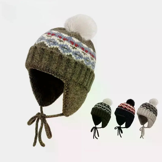 Fair Isle Jacquard Knit Beanie with Pom-Pom & Ear Flaps Knit Beanie Hat Oasis Select