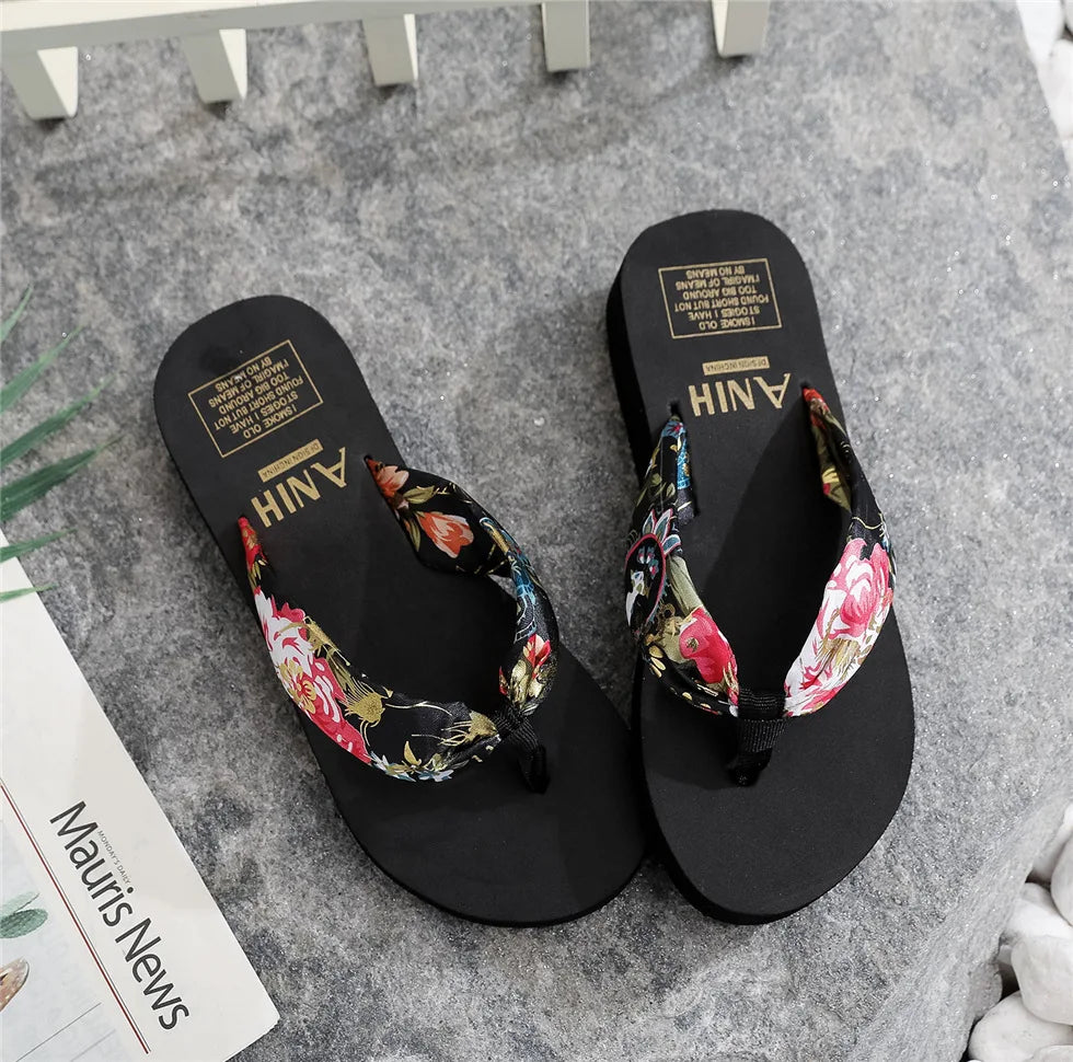 Women's Floral Bohemian Flip Flops | Satin Strap Beach Slippers
