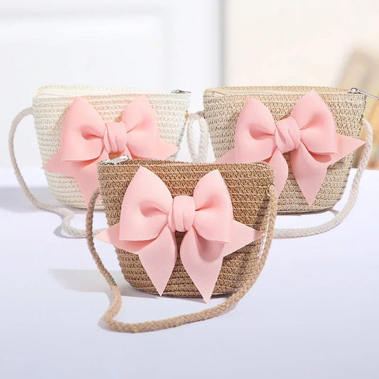 Girls Handmade Woven Straw Crossbody Bag | Bow Mini Purse Kids Crossbody Bag Peaceful Pleasures Health and Wellness