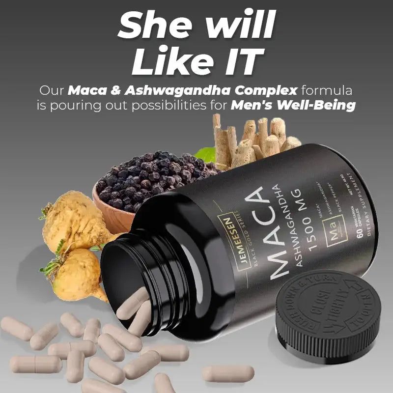 Organic Maca Root Powder Capsules 1500mg containing Maca Root Extract,Ashwagandha,Black Pepper, Supplements for Men Peaceful Pleasures Health and Wellness