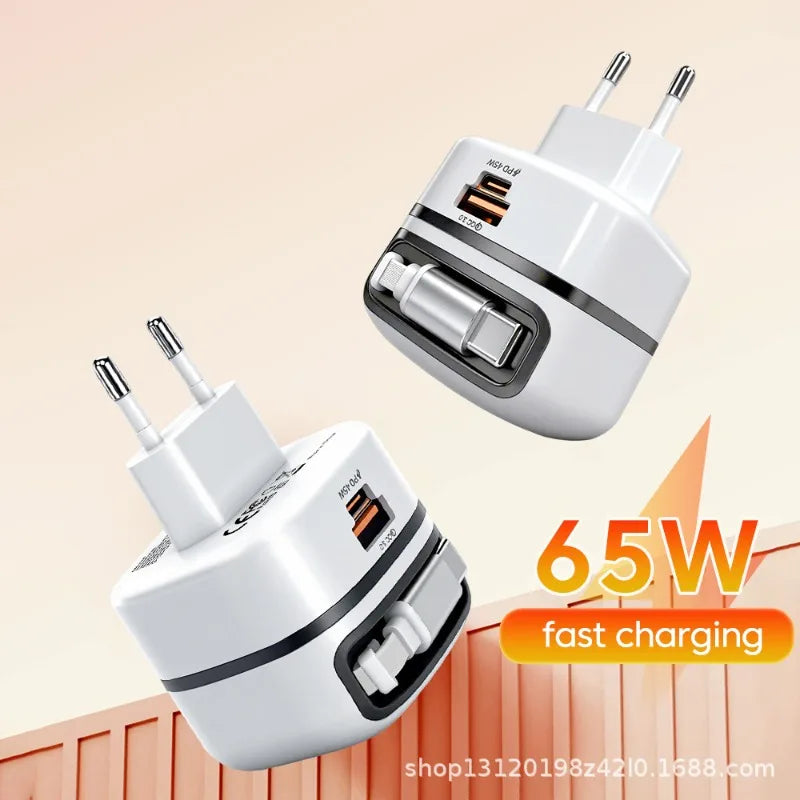 65W Foldable Wall Charger with Retractable Cable | Travel Adapter Wall Travel Charger Peaceful Pleasures Health and Wellness