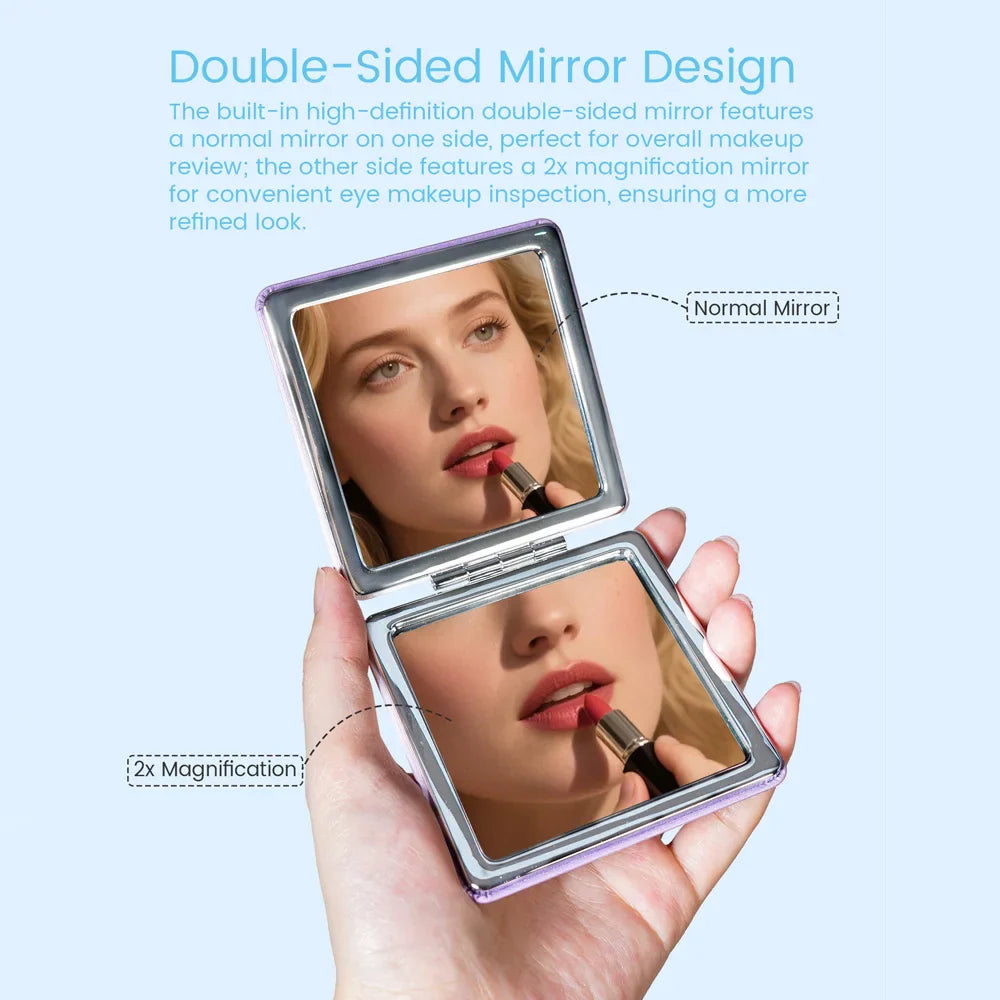 Square Folding Pocket Mirror – Gradient PU Leather, Dual-Sided