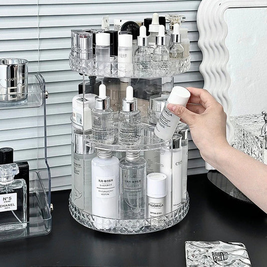 360 Degree Rotating Cosmetic Storage Rack Adjustable Layer Cosmetic Storage Rack With Slot Top Rotating Skincare Device Peaceful Pleasures Health and Wellness Clear