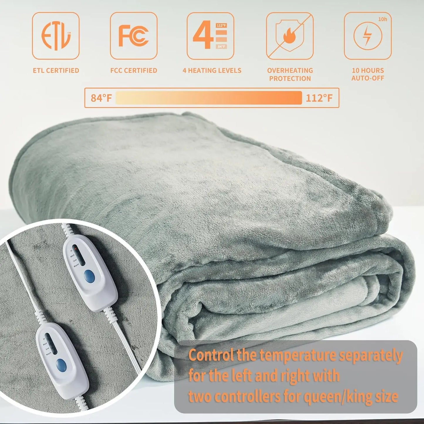 Queen Size Flannel Electric Blanket – 4 Heat Levels, ETL & FCC Certified, Grey Electric Blanket Peaceful Pleasures Health and Wellness