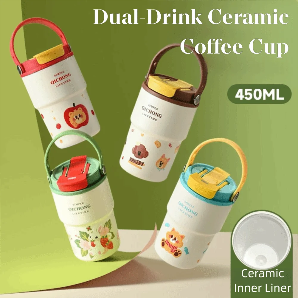 New Ceramic Liner Insulated Cup 450ML Handle Vacuum Mug Double drinking straw Water Bottle Gifts Peaceful Pleasures Health and Wellness