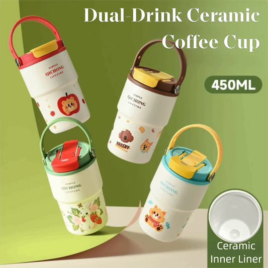 New Ceramic Liner Insulated Cup 450ML Handle Vacuum Mug Double drinking straw Water Bottle Gifts Peaceful Pleasures Health and Wellness