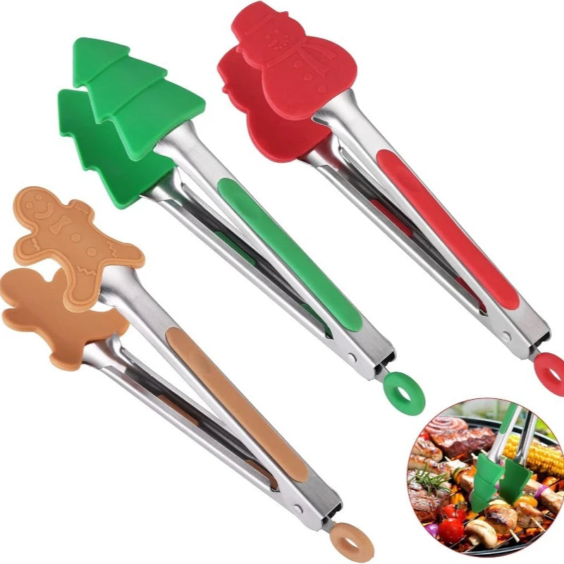 Christmas Silicone Food Tongs | Stainless Steel Kitchen Tongs Set