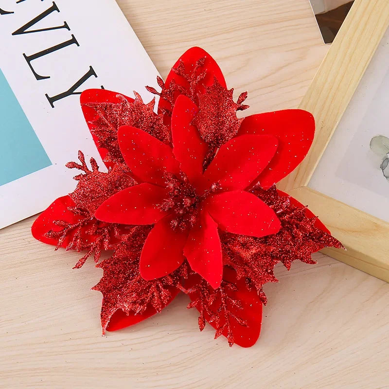 Glitter Artificial Christmas Flowers with Clips – Xmas Tree Decor