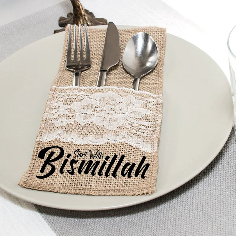 Bismillah Cutlery Holder Bags – Eid & Ramadan Table Decor (5 Pack) Cutlery Holder Bags Peaceful Pleasures Health and Wellness