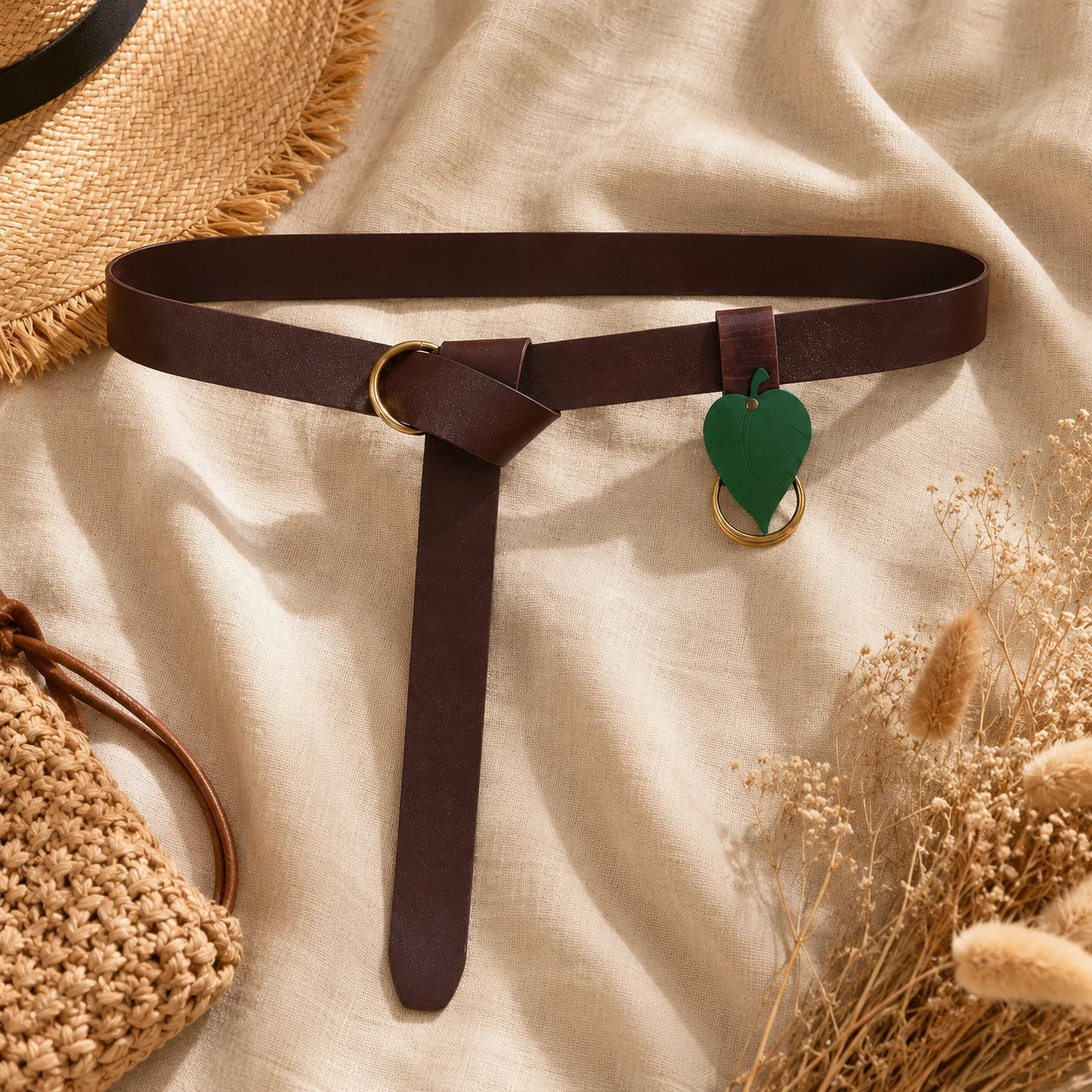 Boho Leaf Pendant Waist Belt Brown Leather Look Ring Dresses