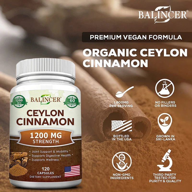 Organic Ceylon Cinnamon Capsules + Turmeric/ACV/Ginseng/Bioperine - Joint Bone Health, Anti-Inflammatory Antioxidant, 120 Counts Peaceful Pleasures Health and Wellness