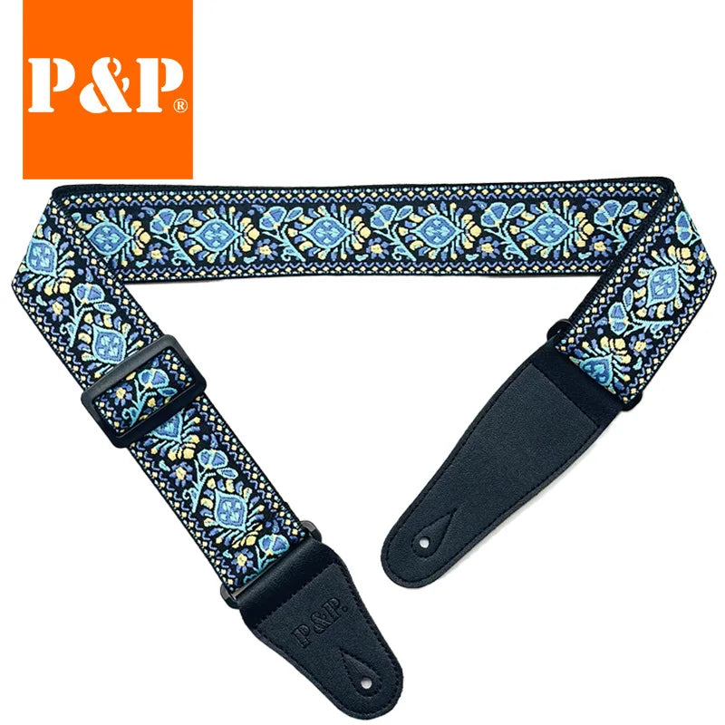 Guitar Strap Embroidered Belt Adjustable Jacquard Band Cotton Leather