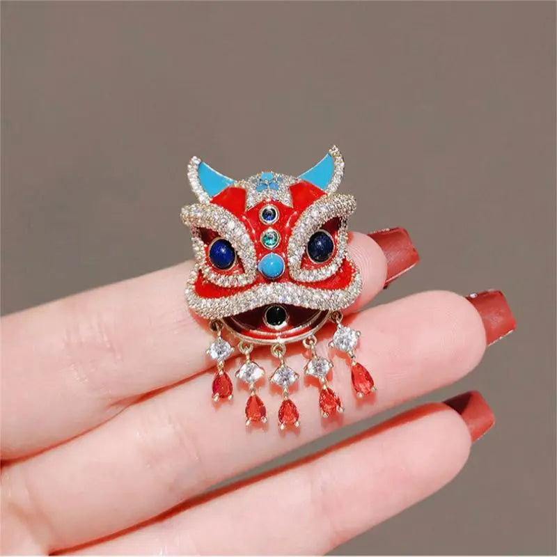 Chinese Style Red Lion Dance High End Accessory Enamel Painted Brooch Peaceful Pleasures Health and Wellness