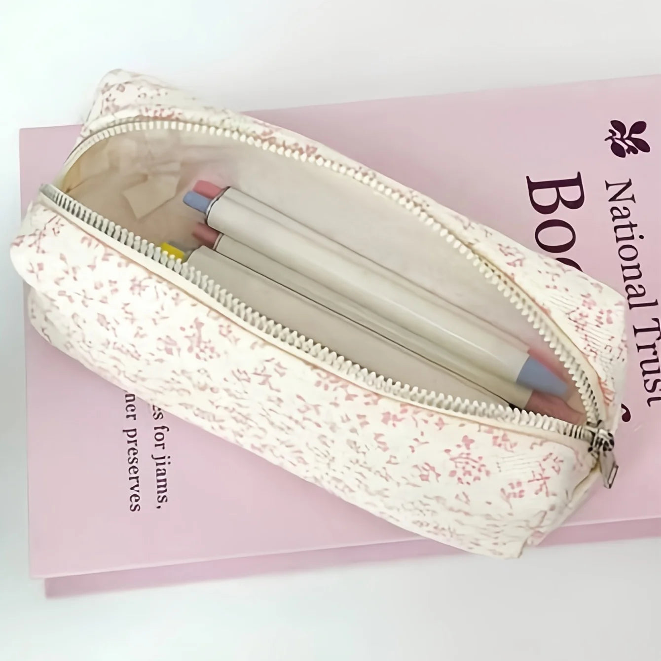 Large Floral Pencil Case | Macaron Linen-Look Stationery Bag