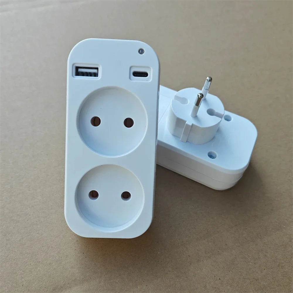 EU Plug Power Strip Adapter – 2 AC Outlets & 2 USB Ports, 1200W