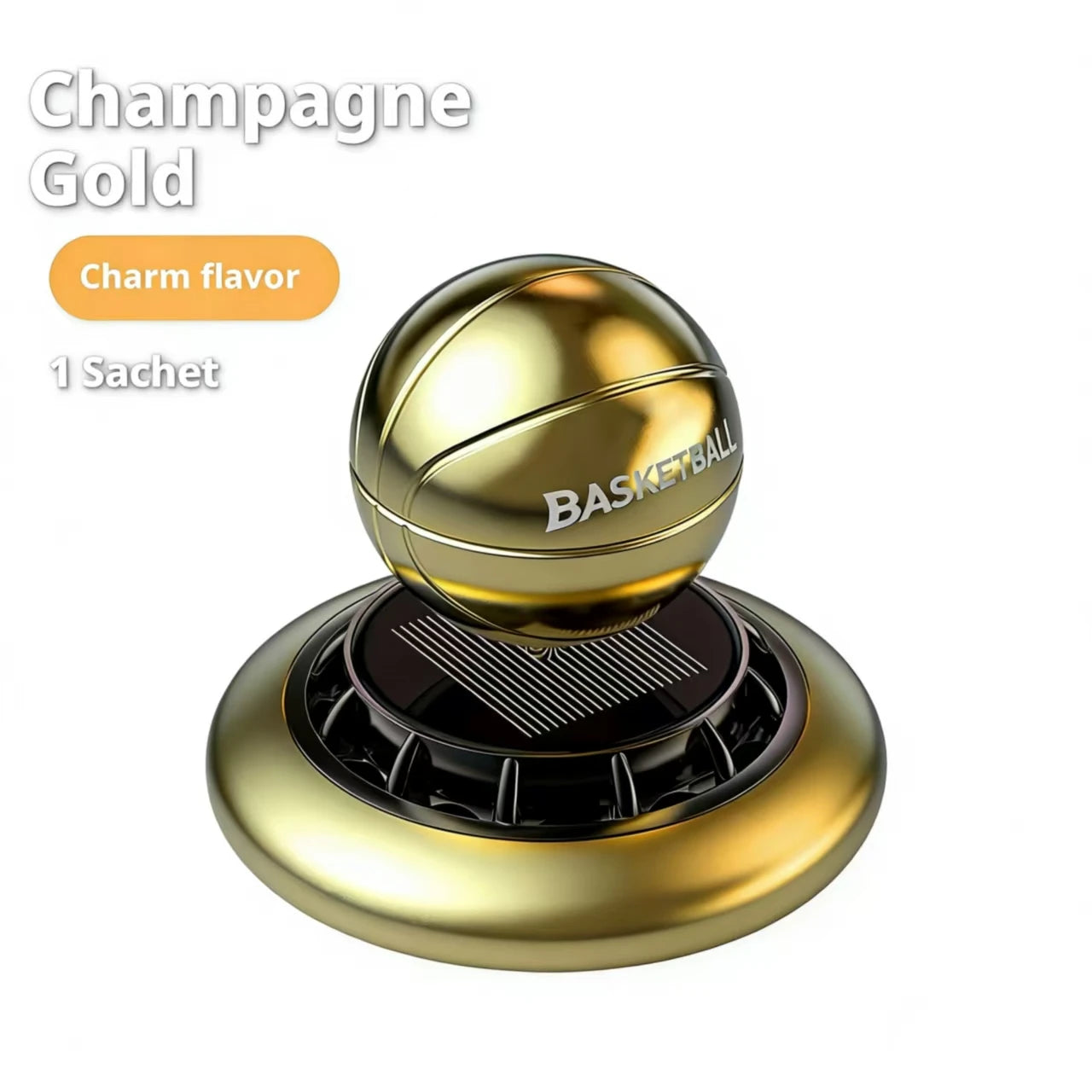 Solar-Powered Basketball Rotating Car Aroma Diffuser Auto Air Freshener Plant-Based Scent Diffuser for Car Interior Decoration Peaceful Pleasures Health and Wellness Champagne Gold