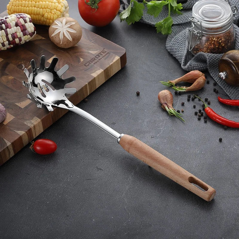 6-Piece Wooden Handle Stainless Steel Kitchen Utensil Set – Beech Wood Cooking Spoons & Spatulas